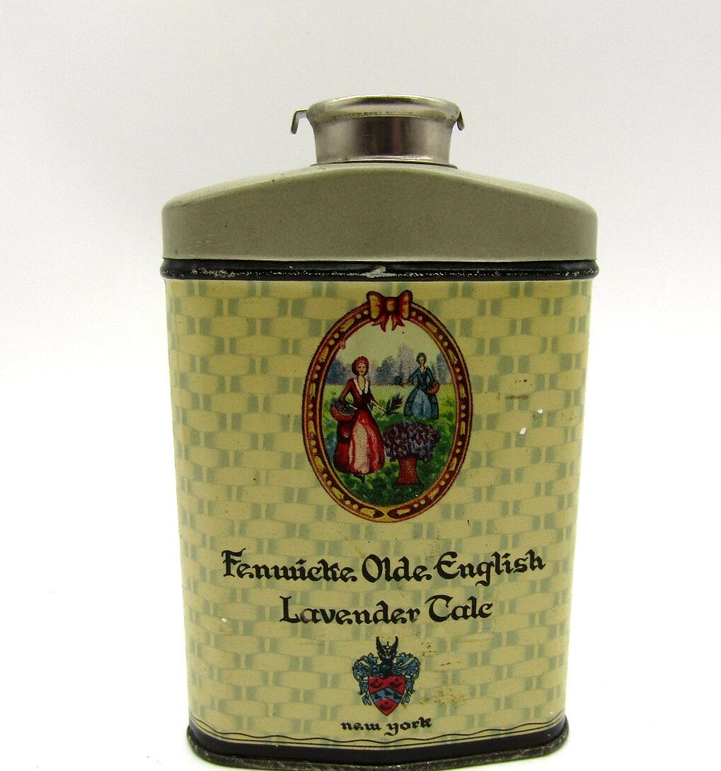 Vintage 1940s Fenwicke Old English Lavender Talc Tin Shaker Apothecary