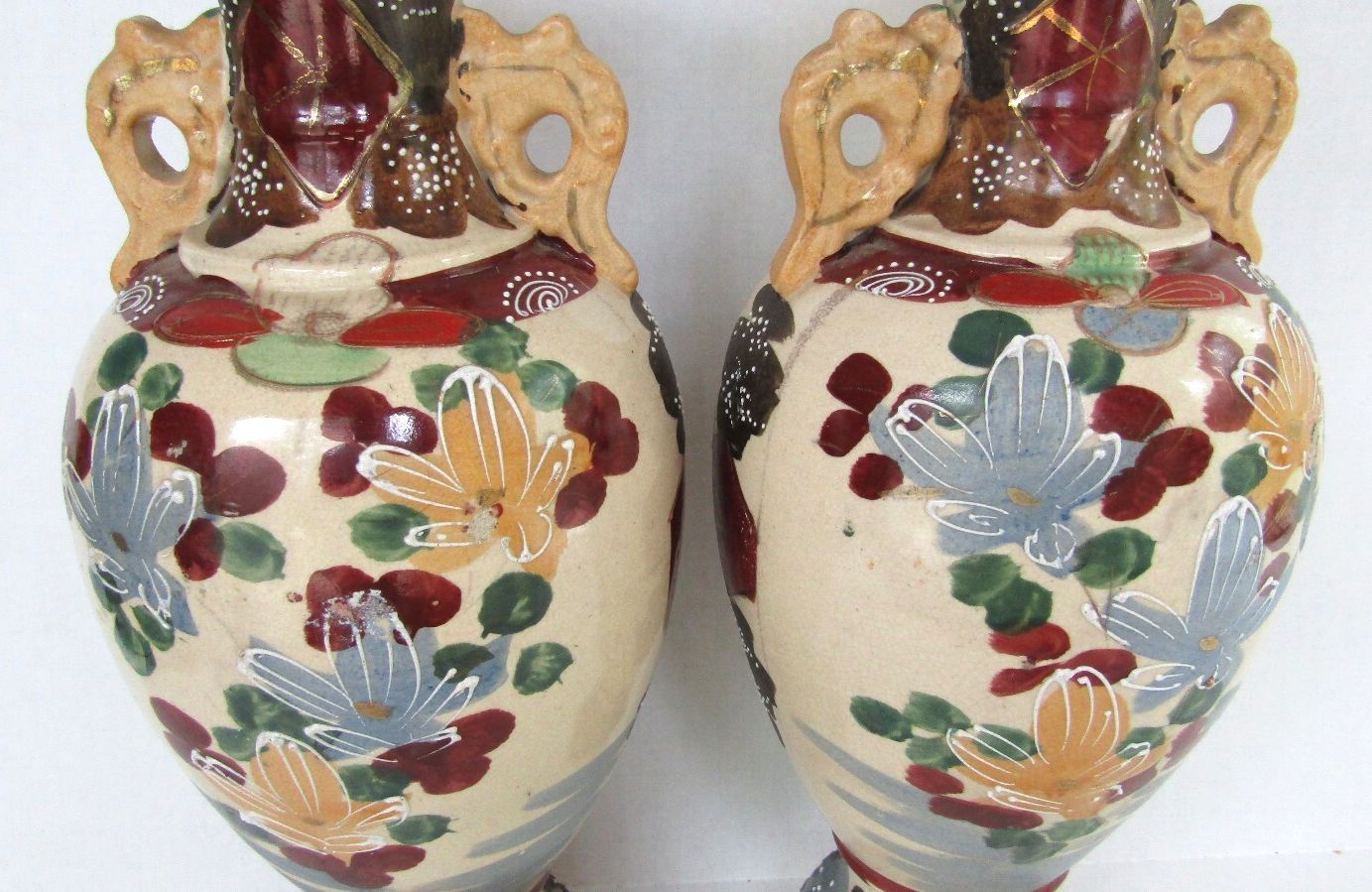 Antique Japanese Satsuma Moriage Vases - Matched Pair 13.5" Meiji Taisho 1910's