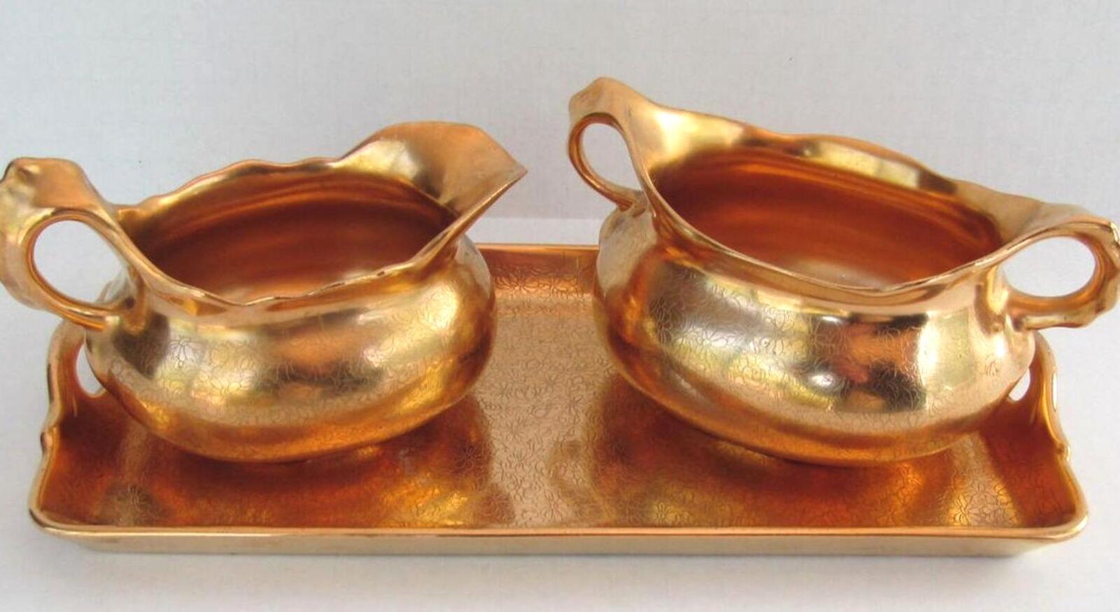 Vintage Osborne Studio Chicago Gold Encrusted Signed Platter Sugar Creamer Set