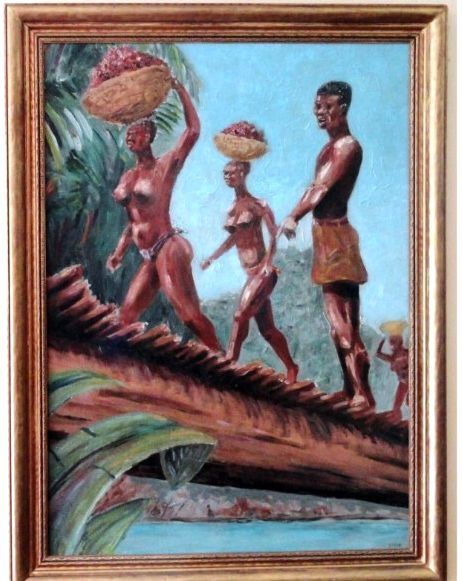 Vintage MCM Tribal Folk Art Oil Painting - Signed M.R. Stein NYC