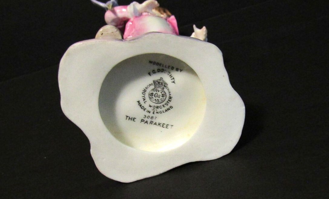 1930s Royal Worcester The Parakeet Figurine 3087 Pink Freda Doughty 6 7/8" Tall