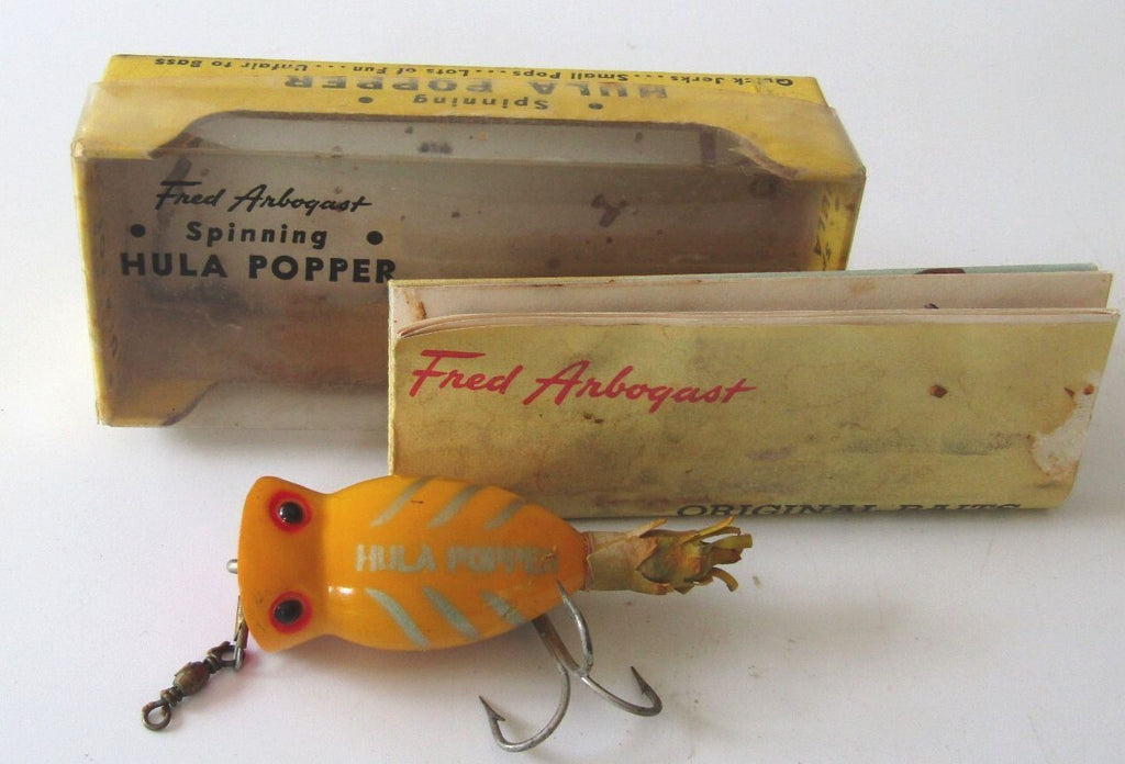 Vintage Fred Arbogast Spinning Hula Popper Lure w/ Original Box & Papers Yellow