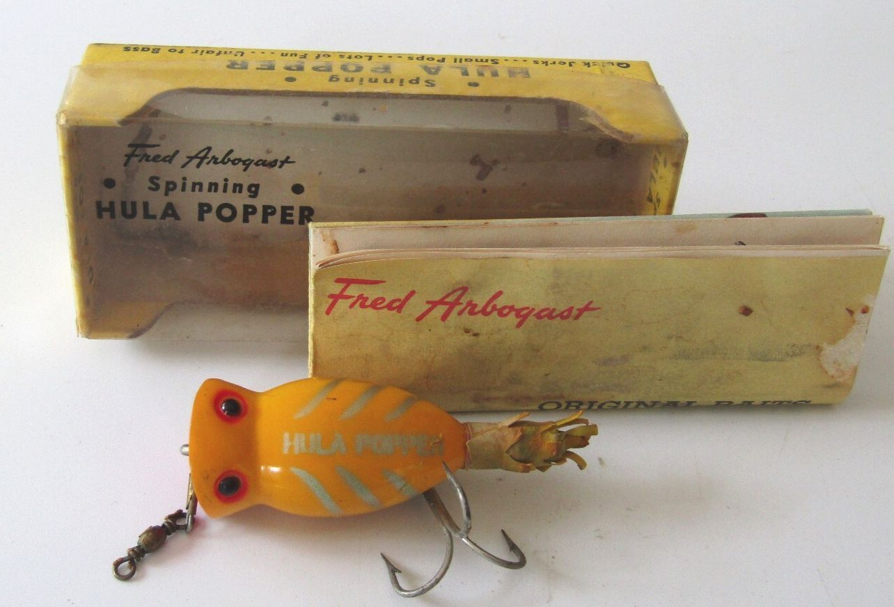 Vintage Fred Arbogast Spinning Hula Popper Lure w/ Original Box & Papers Yellow