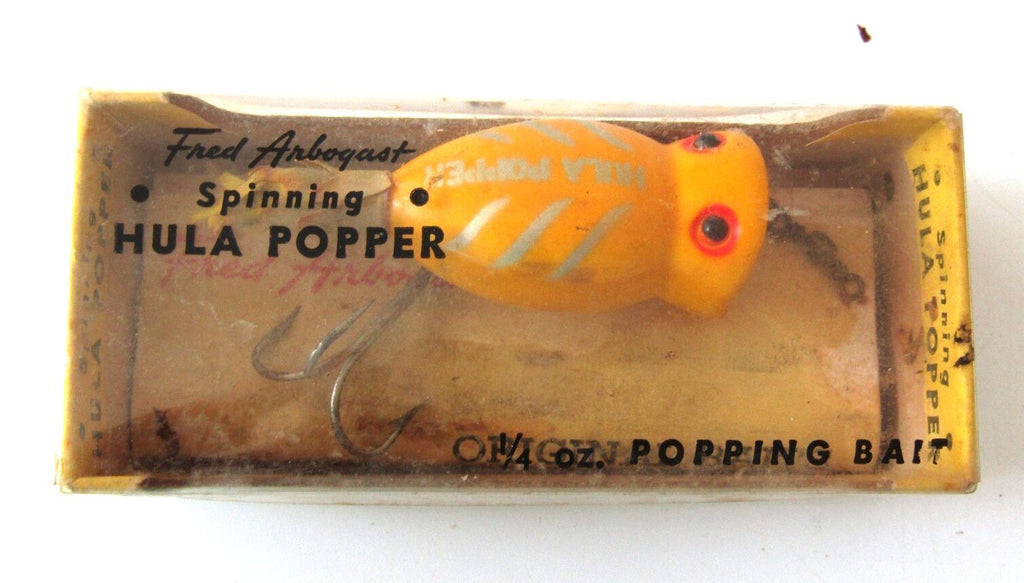 Vintage Fred Arbogast Spinning Hula Popper Lure w/ Original Box & Papers Yellow
