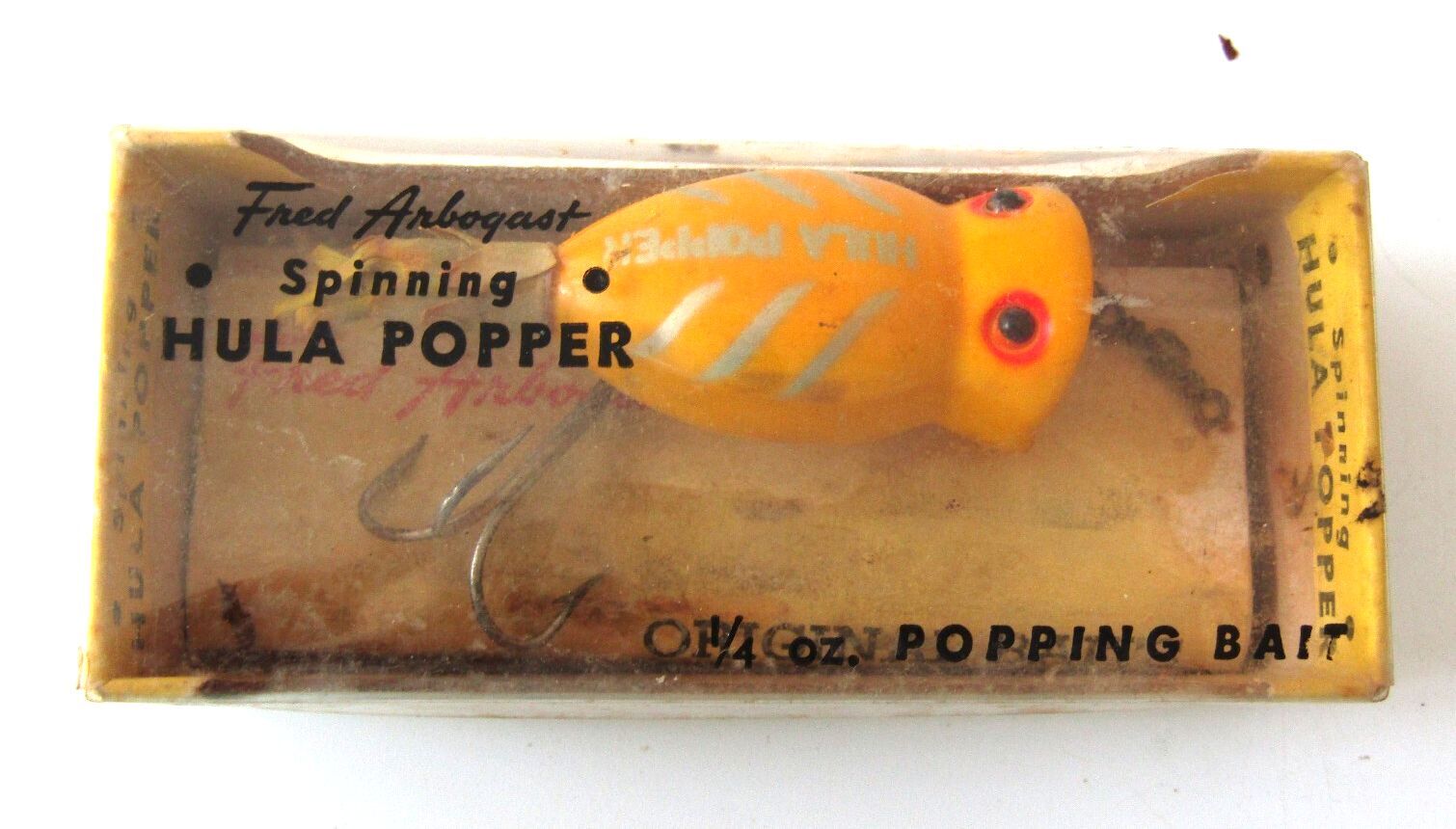 Vintage Fred Arbogast Spinning Hula Popper Lure w/ Original Box & Papers Yellow