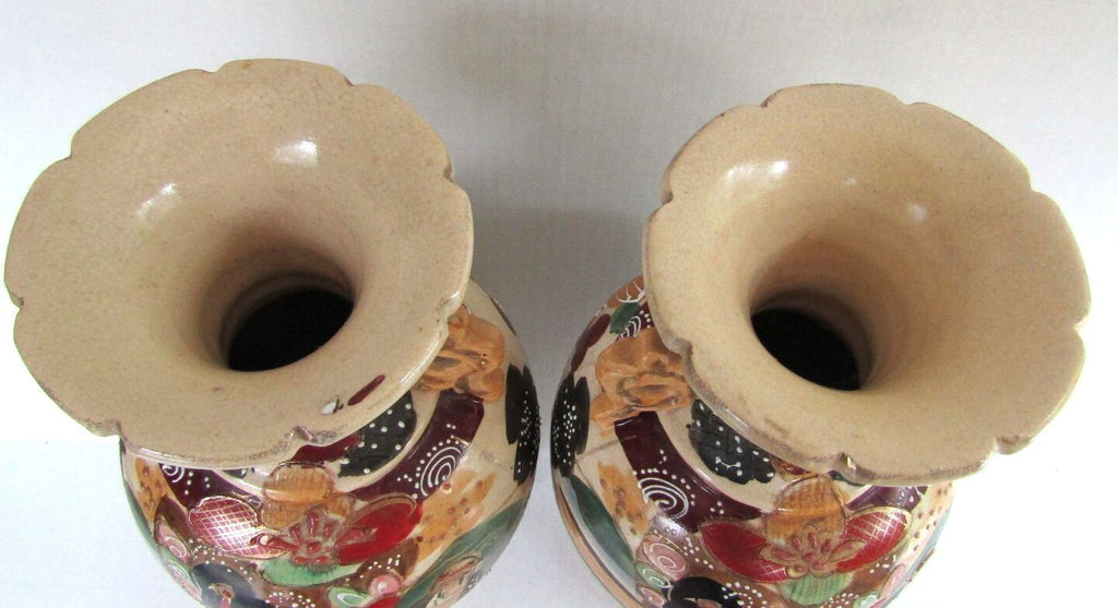 Antique Japanese Satsuma Moriage Vases - Matched Pair 13.5" Meiji Taisho 1910's