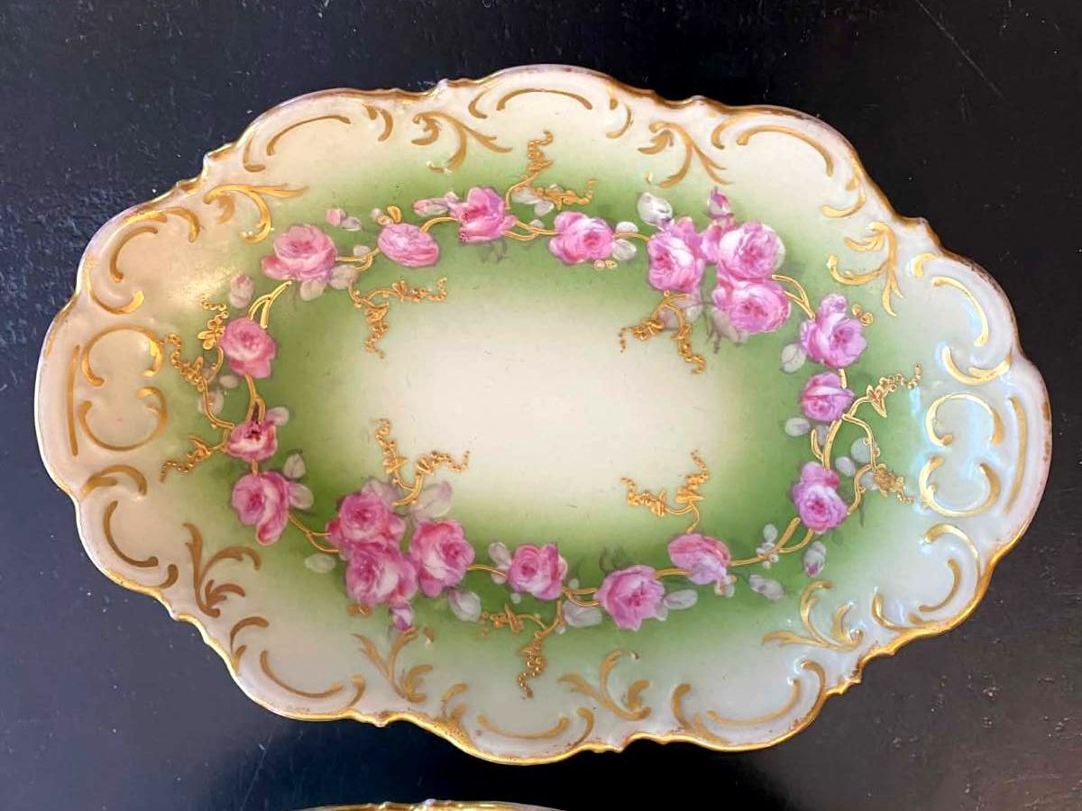 Antique AK Limoges France Porcelain Pickle Relish Dishes Pink Roses Pair