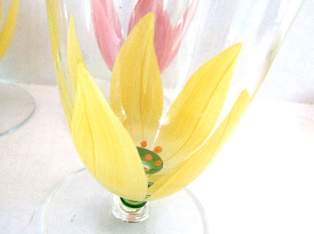 Vintage Hand Painted Tulip Glassware Set of 6 Rainbow Floral Goblets