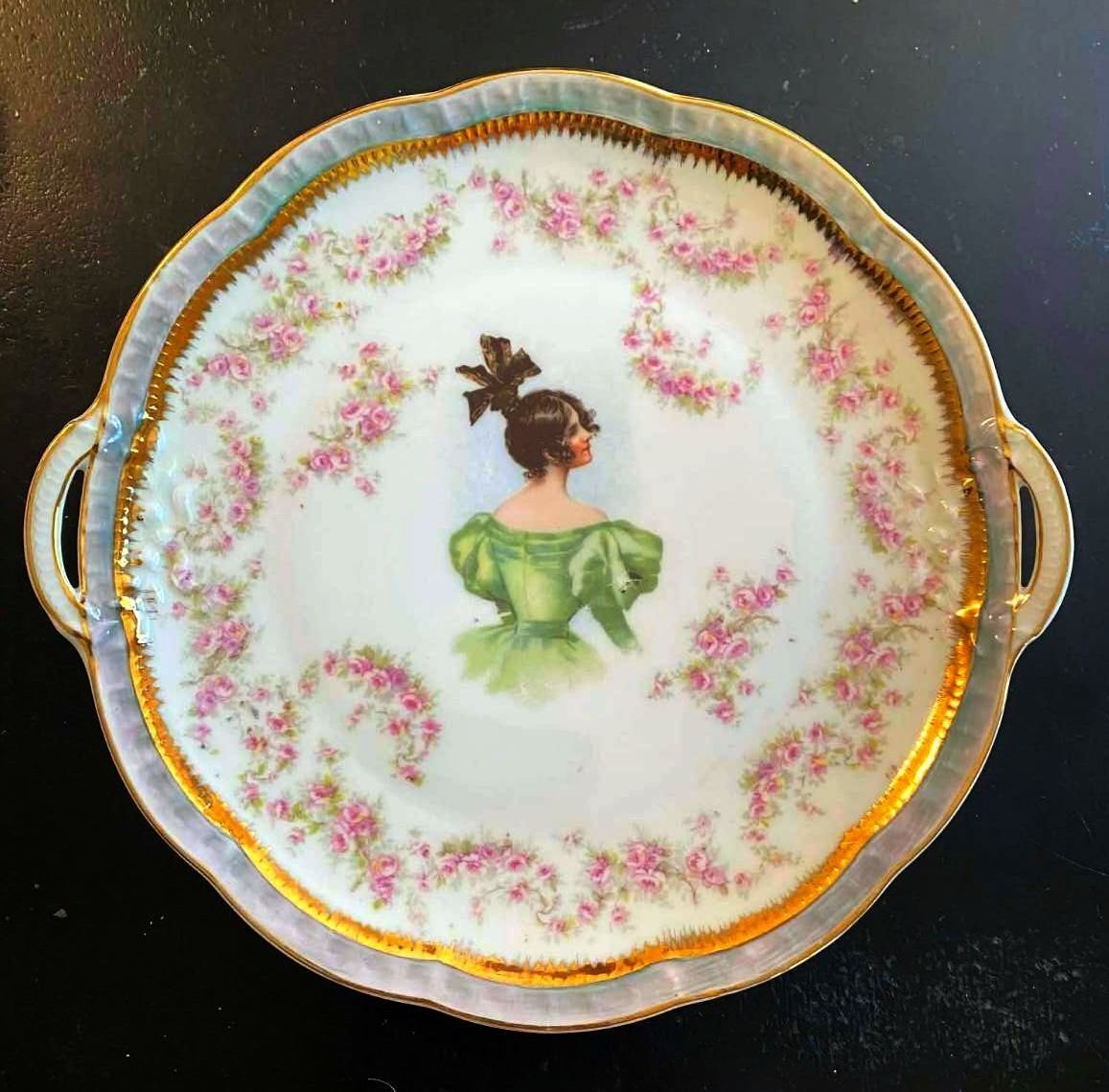 Antique Rosenthal Bavaria Handled Cake Plate Portrait Pink Roses Gilt Tray 10.5