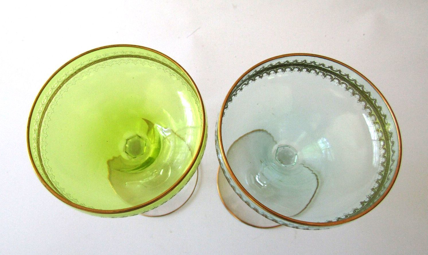 Pristine Mid Century Colored Coupe Glasses Gold Gilt Rim Champagne Cocktail Pair