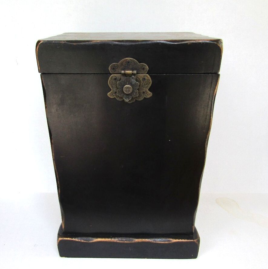 Vintage Chinoiserie Wood Decanter Chest Velvet Lined Tabletop Barware Caddy